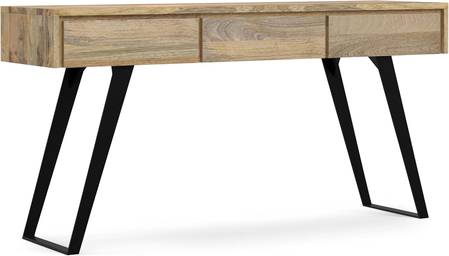SIMPLIHOME Lowry Console Table - 60 Inch Wide Solid Mango Wood and Metal Sofa Table in Natural, Modern Industrial Storage Table for Entryway or Living Room with 3 Drawers and Angled Metal Legs