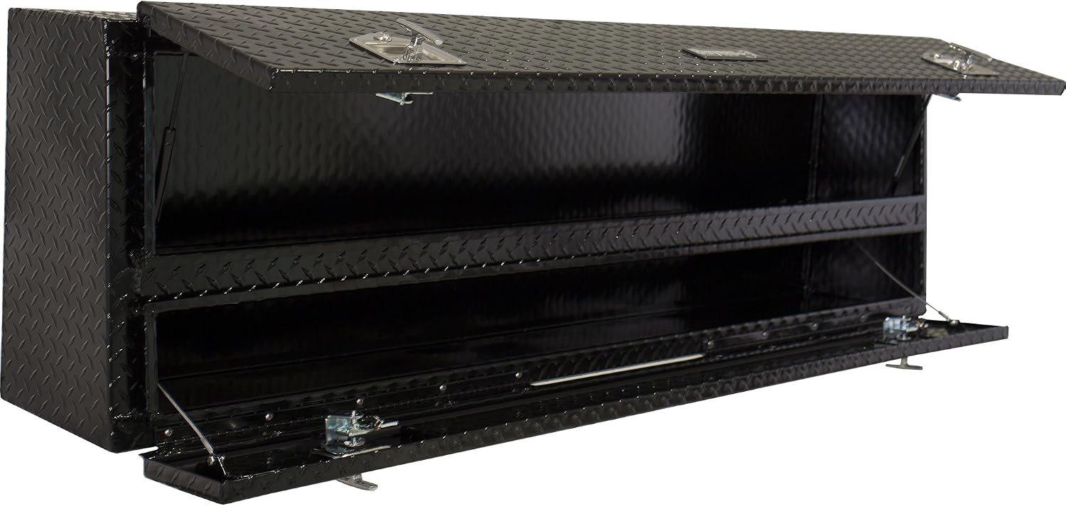 Buyers Products 1725660 Black Diamond Tread Aluminum Contractor Truck Tool Box – 2-Tier Storage, 96 x 21 x 13.2 in, Flip-Up Door with Gas Shocks, Weather-Resistant, No-Drill Install – Made in USA