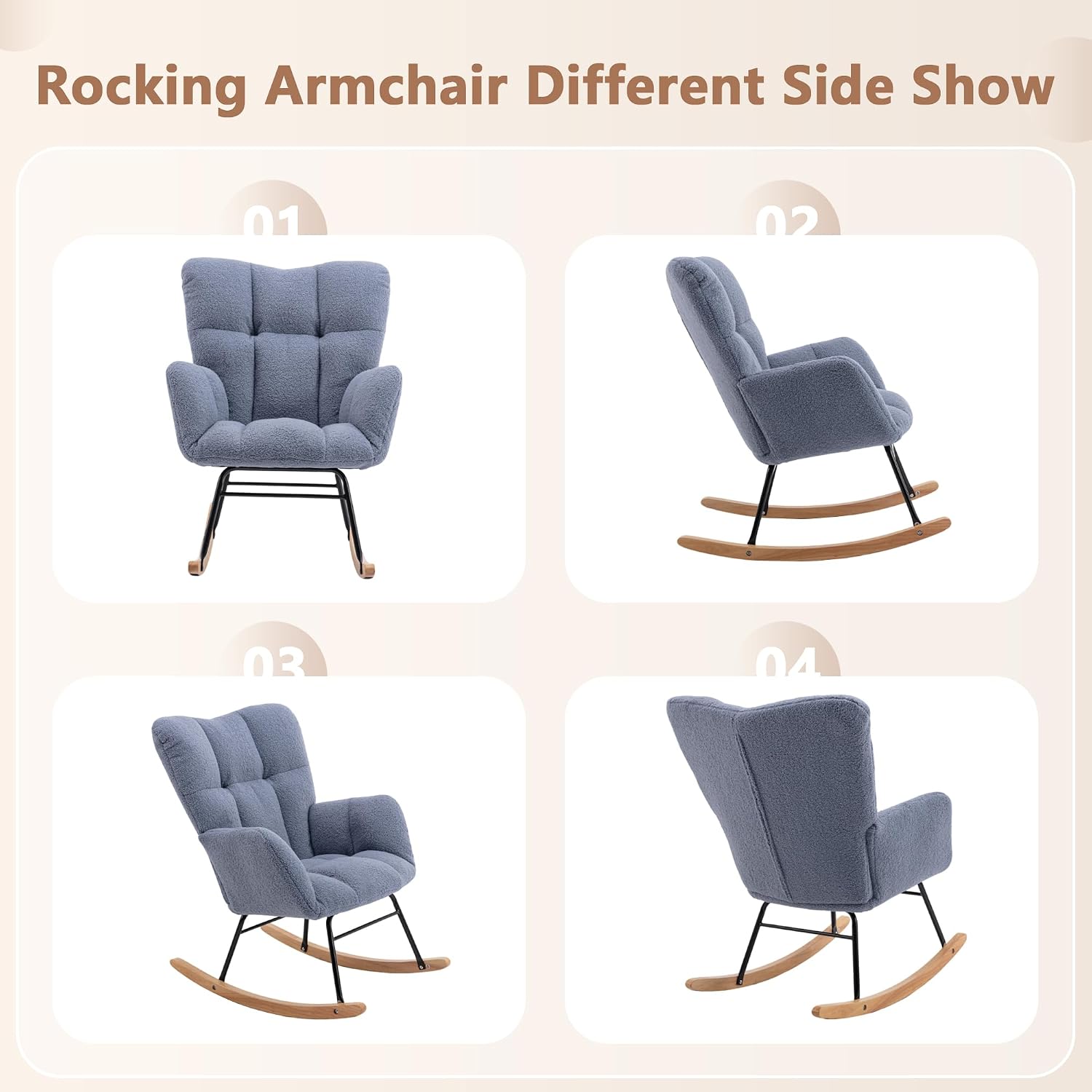 Setawix Teddy Rocking Chair with High Back,Leisure Rocking Armchair for Nursery,Mid Century Modern Rocker Glider Arm Chair for Living Room,Tufted with Solid Wood Legs (Light Blue, 27.6')