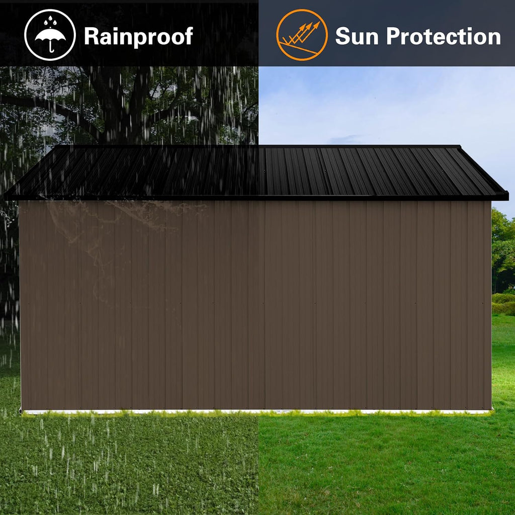10x12 FT Outdoor Storage Shed, Large Metal Garden Shed with 4-pane Window, Outside Tool Shed with Lockable Hinged Door & 4 Air Vents, Waterproof Storage Building for Backyard, Patio, Lawn, Brown+Black