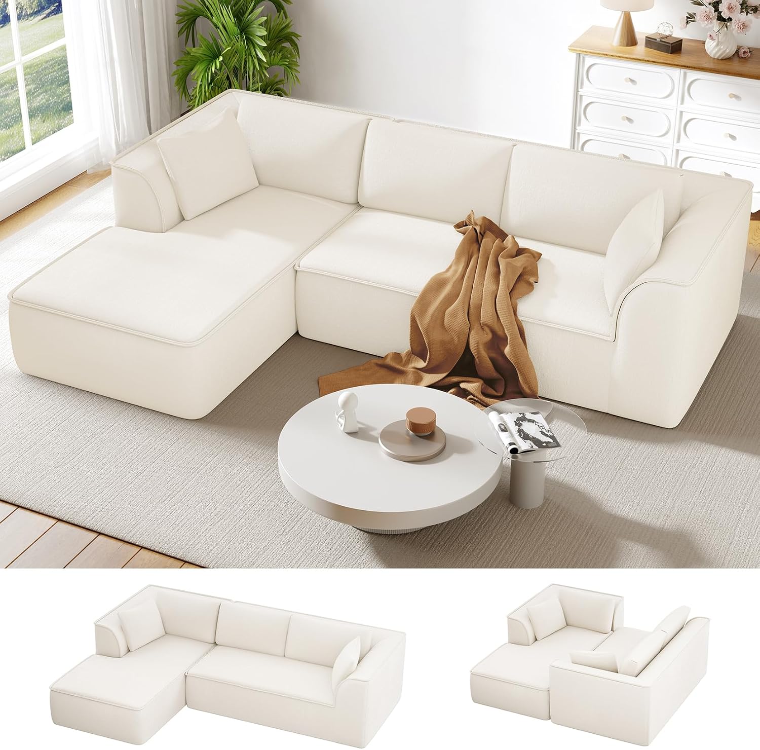 Vesgantti 106' Cloud Couch Sectional Modular Sofa, Deep Seat Comfy Cloud Couch Chenille Memory Foam Sofa Modular Couches for Living Room Bedroom, No Assembly Required (Beige, Left-Facing Chaise)