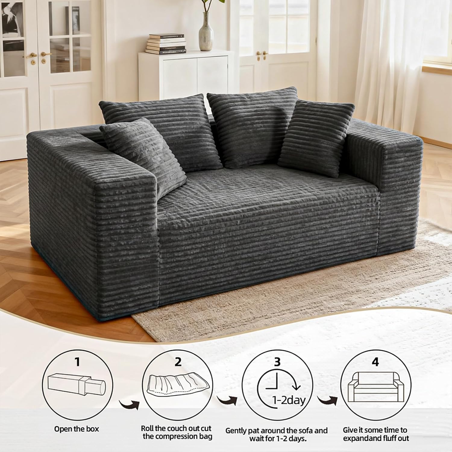 2-Seater Deep-Seat Corduroy Lounge Sleeper Sofa - No Assembly, Frameless Foam Cloud Couch for Living Room, Bedroom, Apartment, Dorm, Office