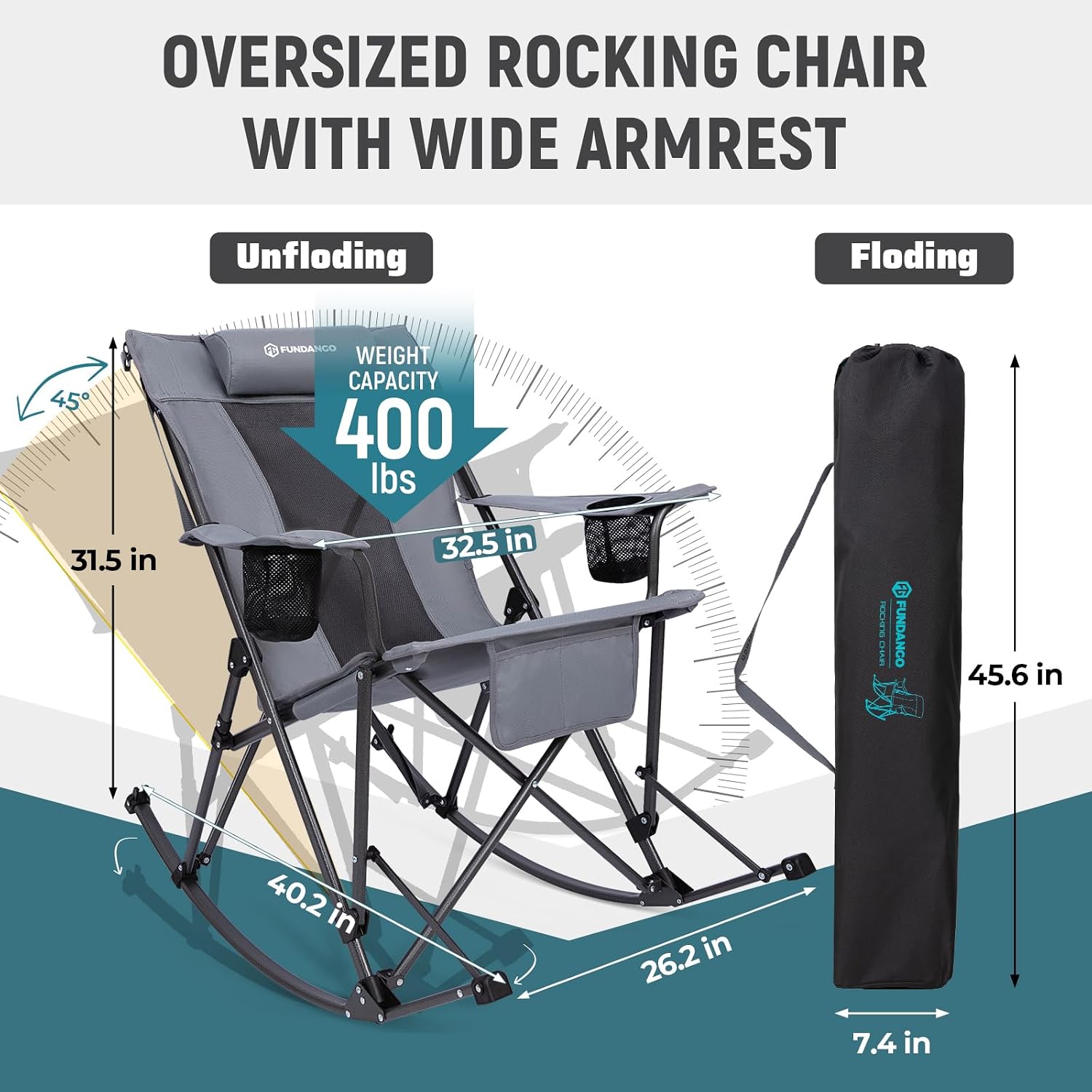 FUNDANGO Oversized Rocking Camping Chair for Adults, 2 Pack Portable Folding Lawn Chairs for Outside with Pillows, Wide Armrest, 2 Cup Holders, Carry Bag for Patio Garden Outdoor Supports 400Lbs(Gery)