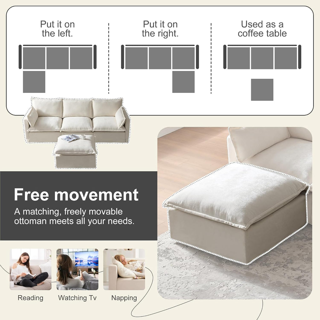 93.31' Inch L-Shaped Couch Sofa with Movable Ottoman, Modular Sectional Sofa with 4 Seats and Pillows for Living Room, Modern Chenille Fabric Large Comfy Cloud Couch DIY Combination (Beige-93inch)