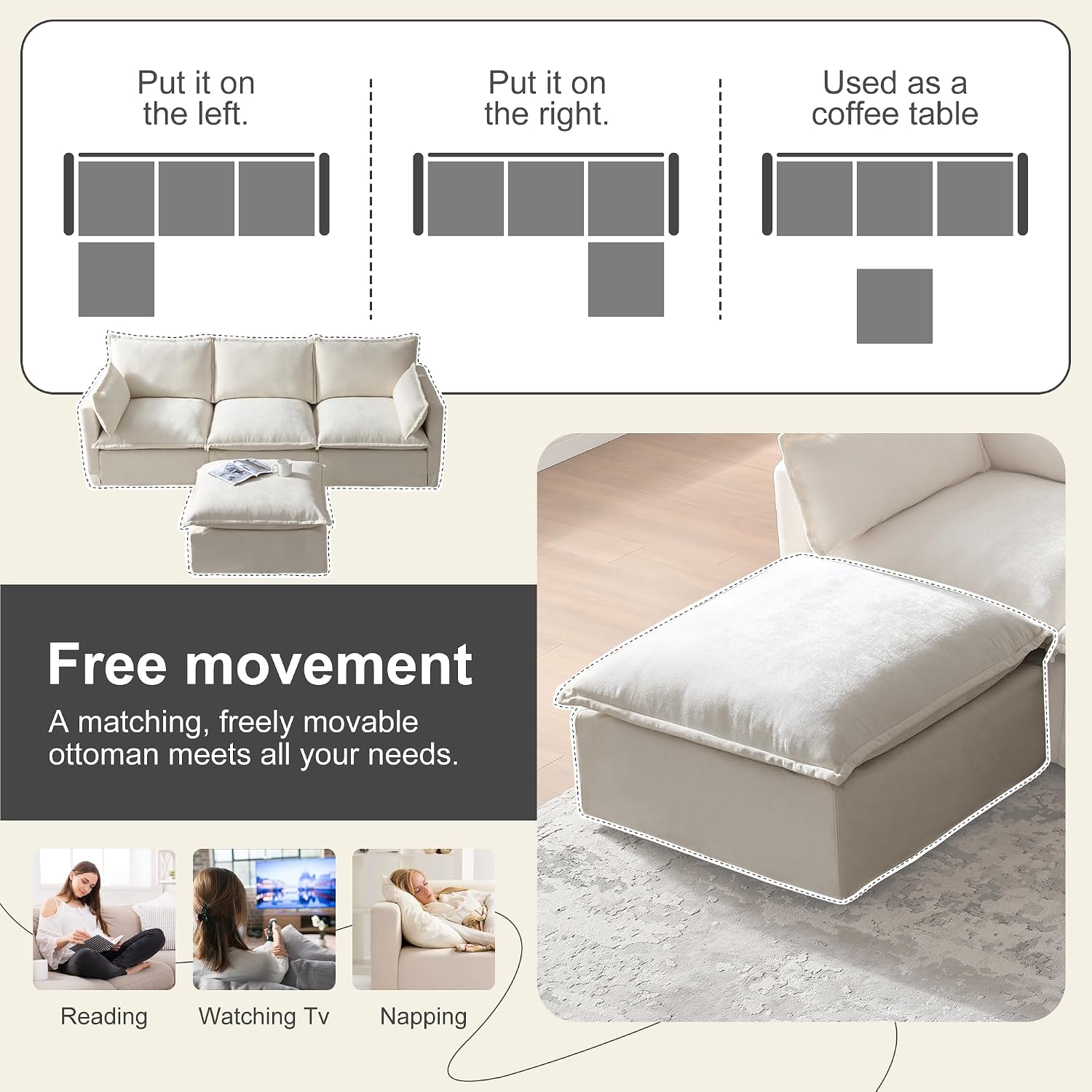 93.31' Inch L-Shaped Couch Sofa with Movable Ottoman, Modular Sectional Sofa with 4 Seats and Pillows for Living Room, Modern Chenille Fabric Large Comfy Cloud Couch DIY Combination (Beige-93inch)