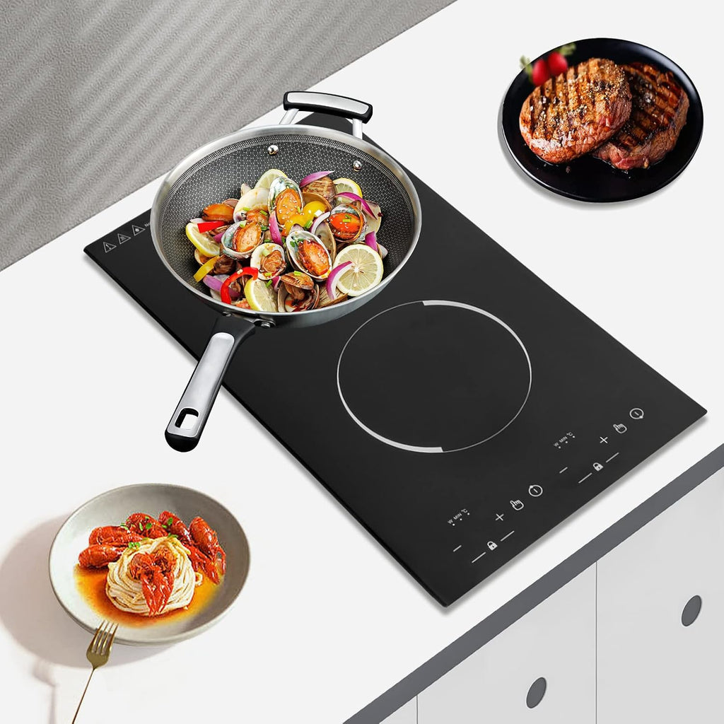 NIENIEE Electric Cooktop 2 Burner, Portable Induction Cooktop with Independent Burner Control, 1200W+1100W Dual Cooking Zones, 9 Temperature Settings, 110V for Kitchen, Dorm, RV (Fits 10.24' Pots)