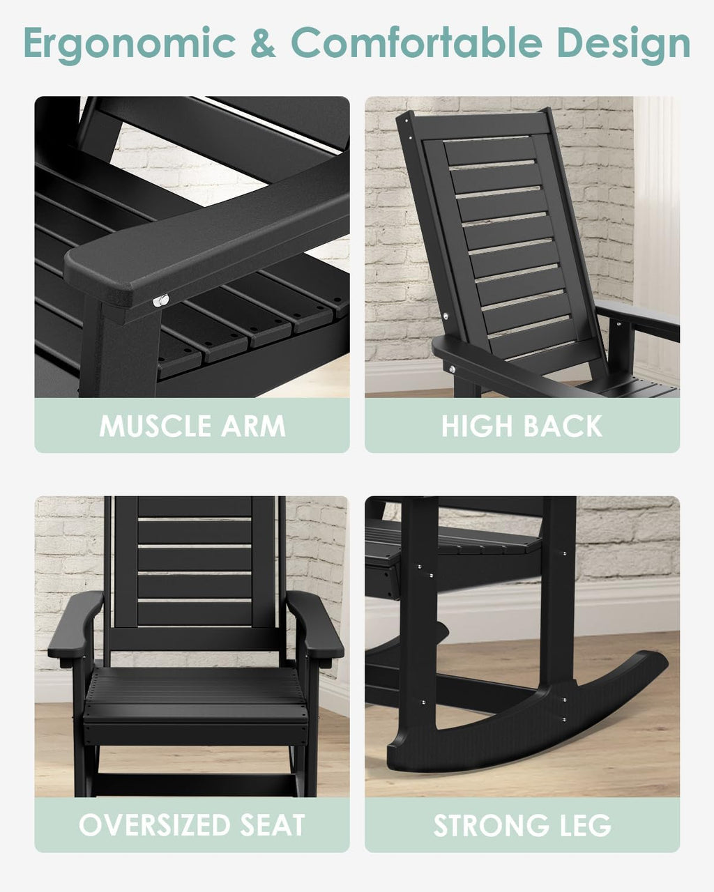 IVY&LANE Outdoor Rocking Chairs Set of 2 | HDPE Plastic | Porch-Rockers | All-Weather | Black | High Back | Wide Seat | Oversized Patio Rocker for Adult | for Outside Deck Balcony Garden