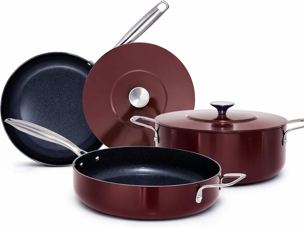 Nuwave Essential Series 5PC Ceramic Cookware Set PFAS-Free, G11 Duralon Blue Coating, Pots and Pans Set Non Stick, Diamond Scratch-Resistant,Stay-Cool Handle, Metal Lid,Induction Ready,Dishwasher Safe