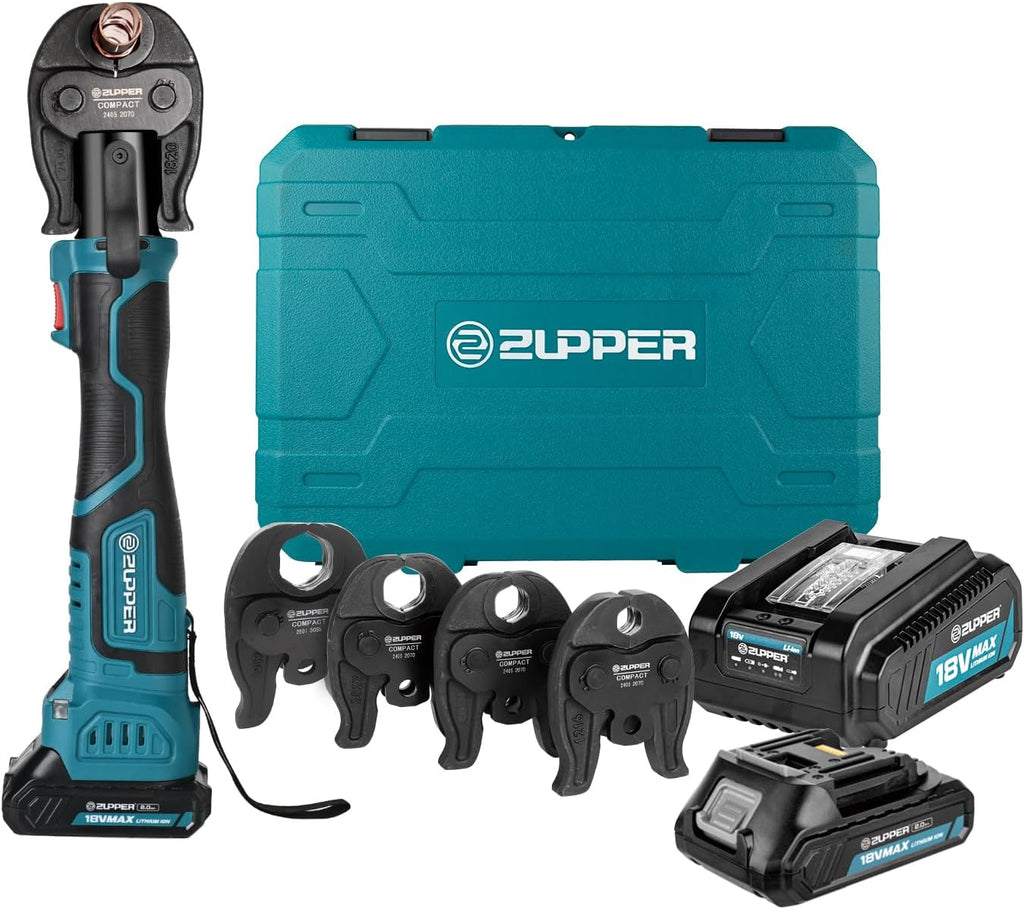 ZUPPER Press Tool, 18V Electric Pipe Crimping Tool for 1/2' to 1-1/4' Copper Pipes, Compact Press Tool Kit Suitable for Copper ProPress fittings - with Brushless Motor, 4 VUS Press Jaws, 2pcs Battery