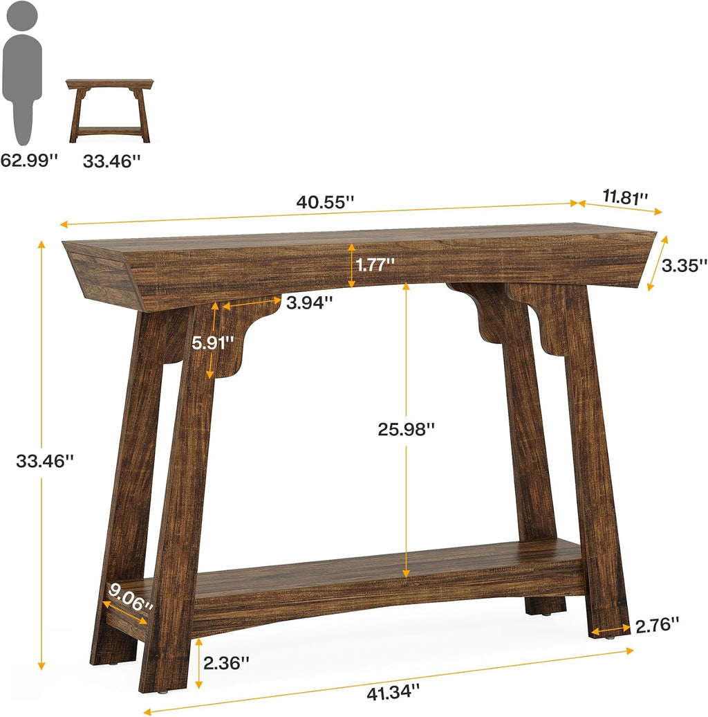 Tribesigns 41.3' Farmhouse Console Table, Small Entryway Table with 2-Tier Storage, Narrow Wooden Sofa Table Behind Couch for Living Room, Foyer, Hallway, Rustic Brown