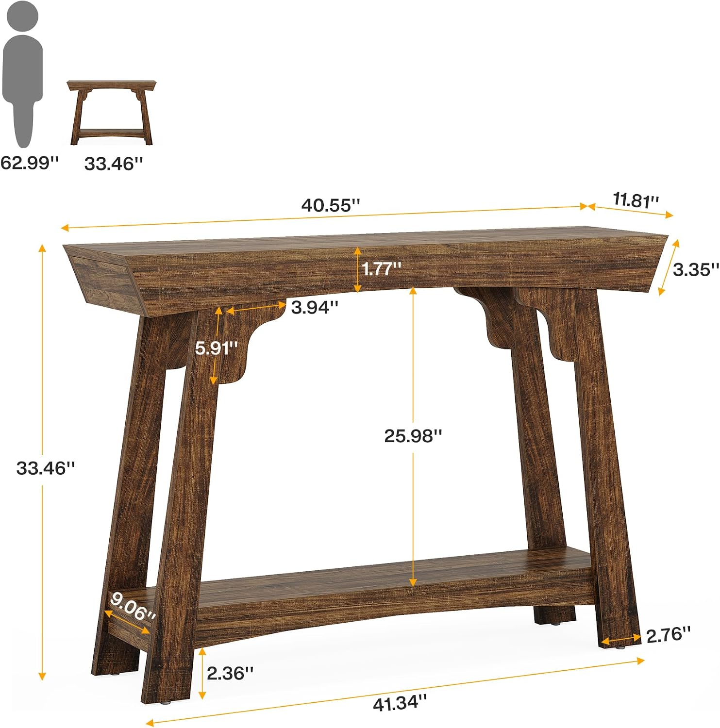Tribesigns 41.3' Farmhouse Console Table, Small Entryway Table with 2-Tier Storage, Narrow Wooden Sofa Table Behind Couch for Living Room, Foyer, Hallway, Rustic Brown