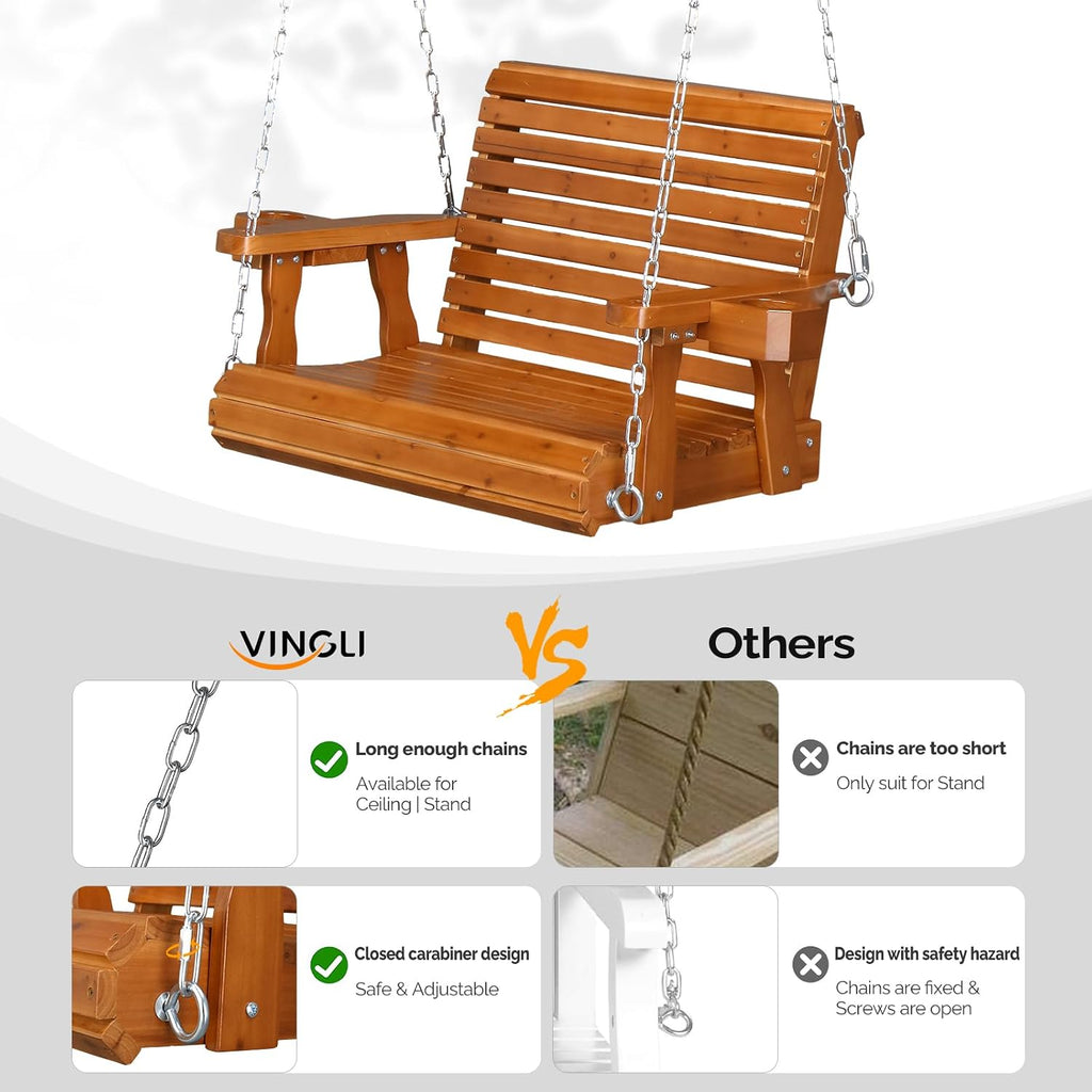 VINGLI Heavy Duty 440 LBS 1-Person Wooden Patio Porch Swing with Deeper Seat & Higher Backrest & Extra Cup Holder for Adults & Kids, Outdoor Single Porch Swing for Porch, Yard, Balcony, Tree (Brown)