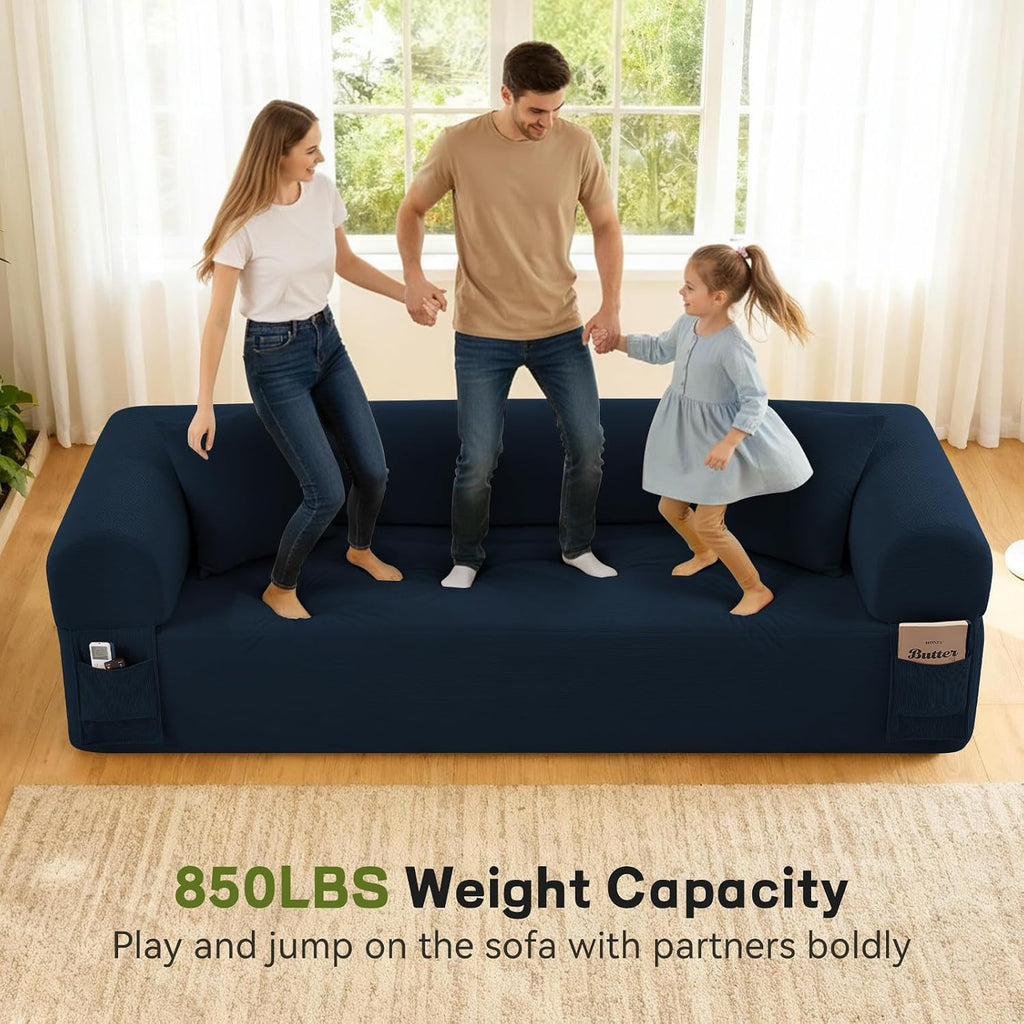 3 Seater Sofa Couch for Living Room (Blue, 30' D + 2 Pillows)
