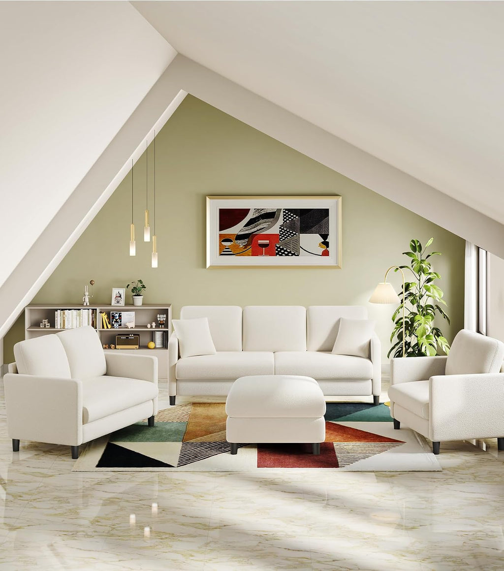 Welzona 83' Couches for Living Room, Teddy Sofa Couch, Comfy Sofas for Living Room, Tool-Free Setup Loveseat Sofa, All-Wood Love Seat Couches, Small Couch 2 Pillows Included, Cream White