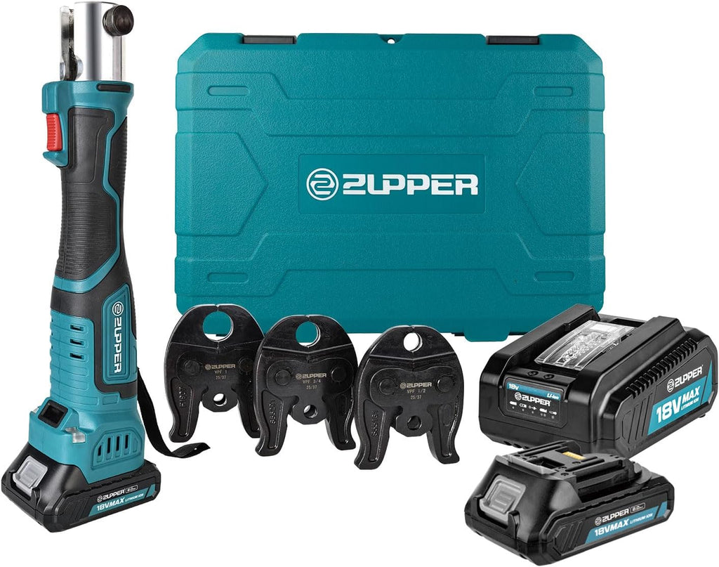 ZUPPER Mini Press Tool kit with 3 Jaws Suitable for PureFlow press fittings 1/2', 3/4', 1', Brushless Motor, 2pcs Battery, Fast Charger & Carrying Case
