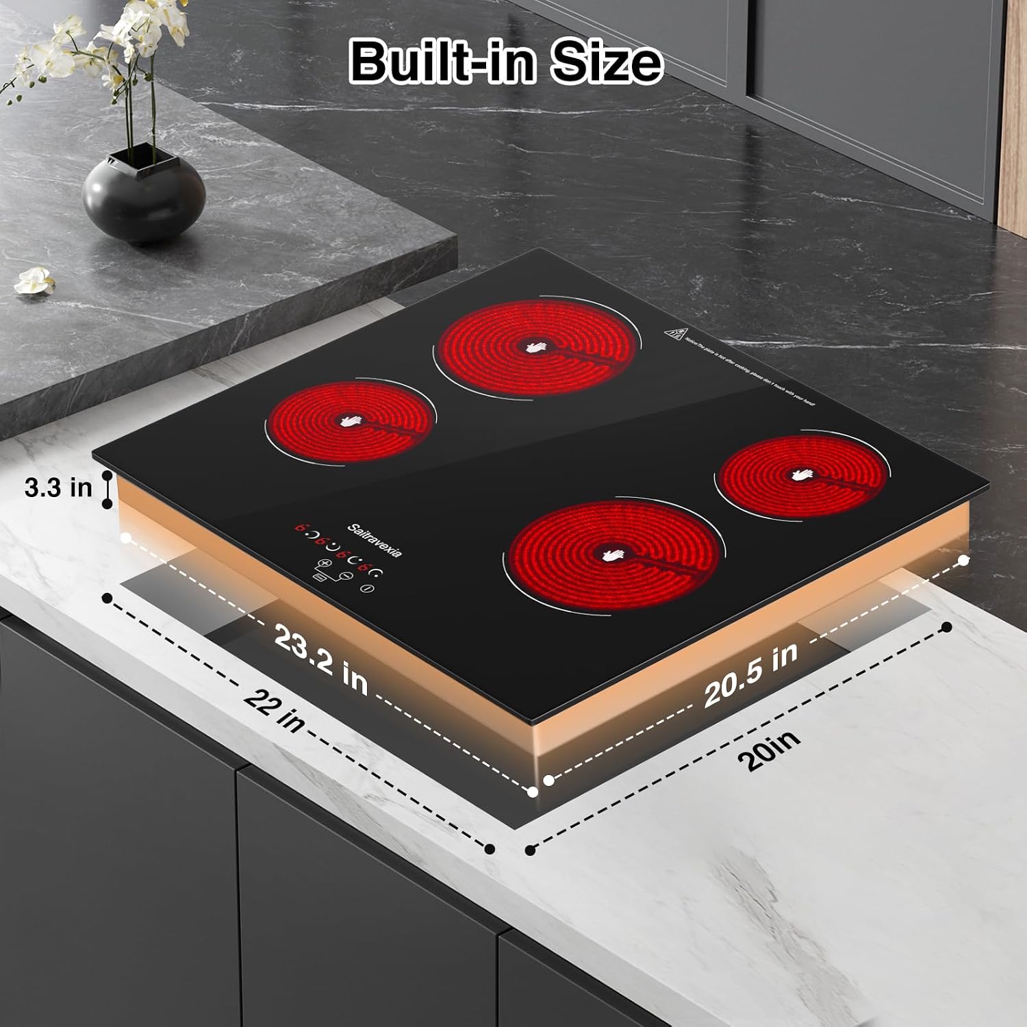 Electric Cooktop 24 Inch 4 Burners Built-in Electric Stove Top with Sensor Touch Control Child Safety Lock 9 Heating Power Settings, 6800 High Power, 220-240v Hard Wired
