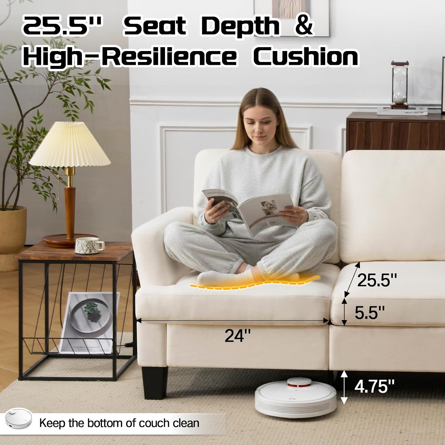 3 Seater Couch, 84' Comfy Linen Fabric Sofa with Deep Seat for Living Room, Modern Beige Sofa Couches for Bedroom, Apartment and Office (No Pillow)