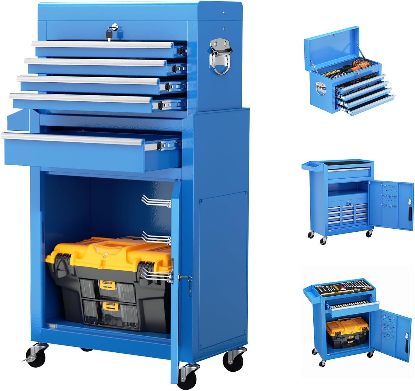 Oakcloud Heavy-Duty 5-Drawer Rolling Tool Chest & Cabinet Combo with Black Liner – Lockable Steel Garage Tool Box on Wheels – Detachable Top Toolbox & Bottom Storage Cart with Side Hooks