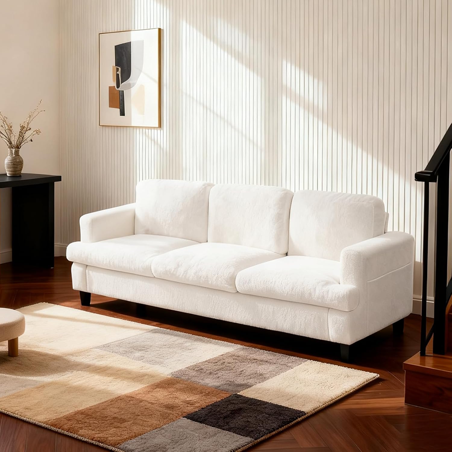 88' Cloud Couch Lamb Fleece Beige Couch 3 Seat Living Room Furniture with Side Pocket and Wide Armrest for Living Room, Bedroom, Office