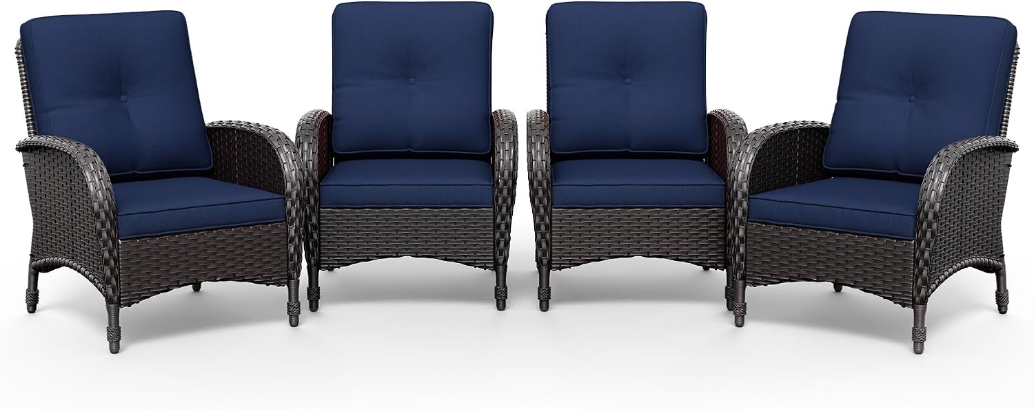Joyside Wicker Patio Chairs, 4 Piece Rattan Outdoor Furniture with Thickened Cushions, High Back, Deep Seating, Wide Armrest, Outdoor Chairs for Porch, Deck
