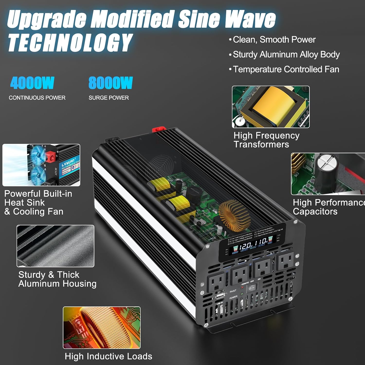 LVYUAN 4000 Watt Power Inverter 12V to 110V 120V for Vehicle, Solar Inverter System, Heavy Duty, RV, Truck, Off Grid,Camping with 4 AC Outlets, LCD Display, Wireless Remote Control, Car Power Inverter