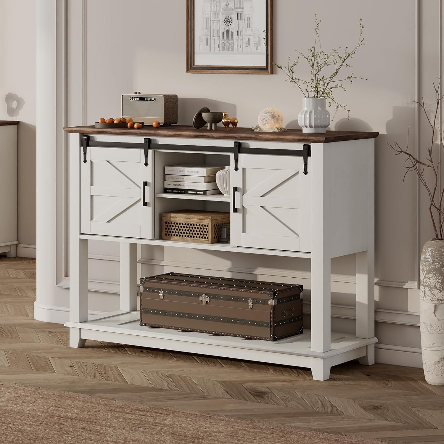 LUXOAK Farmhouse Entryway Table with Sliding Barn Doors, 46' Sofa Table for Living Room, Console Table with Storage Hallway Entrance Table, Antique White