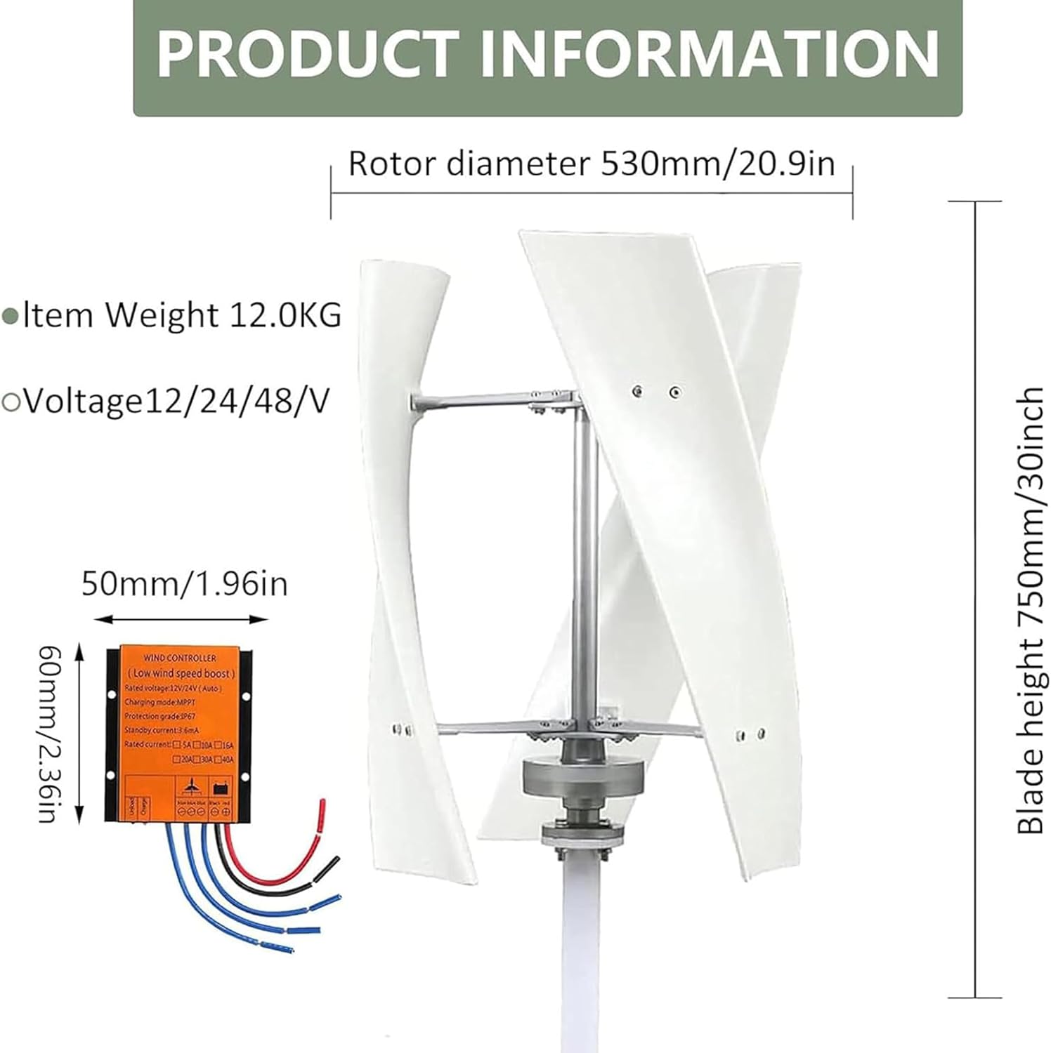 3000W Garden Vertical Wind Turbine Generator Kit, Three-Phase AC Vertical Wind 12V 24V 48V 220V Wind Turbine with MPPT Controller for Home Industrial Energy Equipment 24V