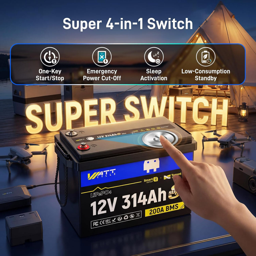 Wattcycle 12V 314Ah Mini LiFePO4 Battery, 12V Super Mini Lithium Batterys with Bluetooth, Built-in 200A BMS, 3A Active Balancer, 4-in-1 Smart Switch, 4.01kWh 6000+ Deep Cycles Battery for RV, Solar