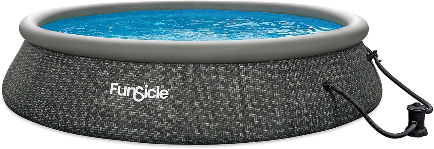 Funsicle 15' x 36' QuickSet Round Inflatable Ring Top Outdoor Above Ground Swimming Pool Set with Pump and Cartridge Filter, Dark Herringbone