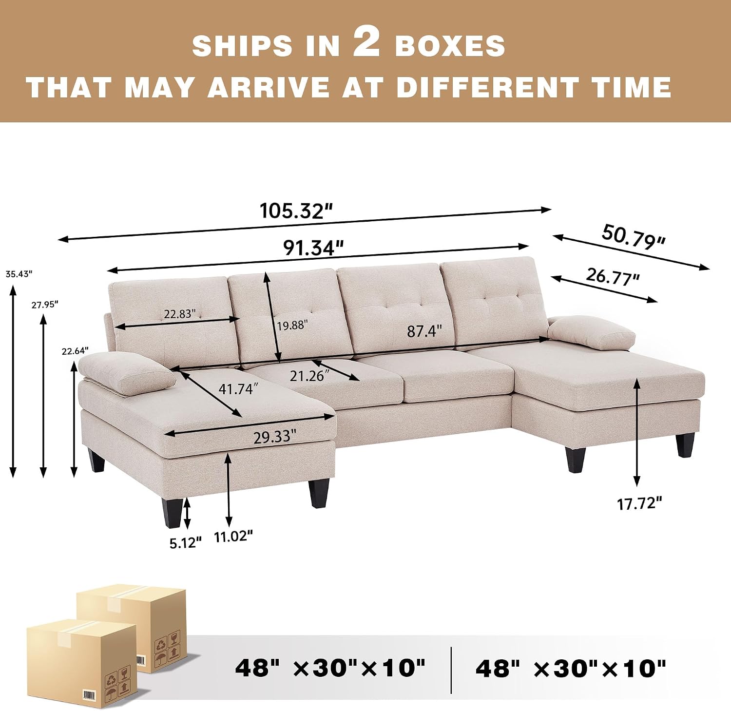 Sectional Couch for Living Room, Modern Linen Fibre U Shaped Sofa Couches with Double Chaise, Upholstered 4 Seater Sofa for Living Room, Apartment, Office, Beige