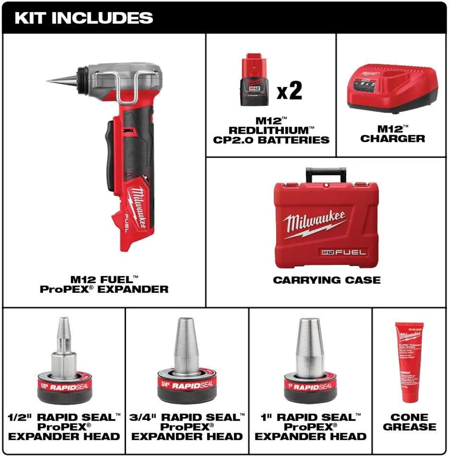 2532-22 M12 FUEL Cordless 3/8 in. - 1 in. PEX Expansion Tool Kit with (2) 2.0 Ah Batteries, (3) Rapid Seal Expansion Heads