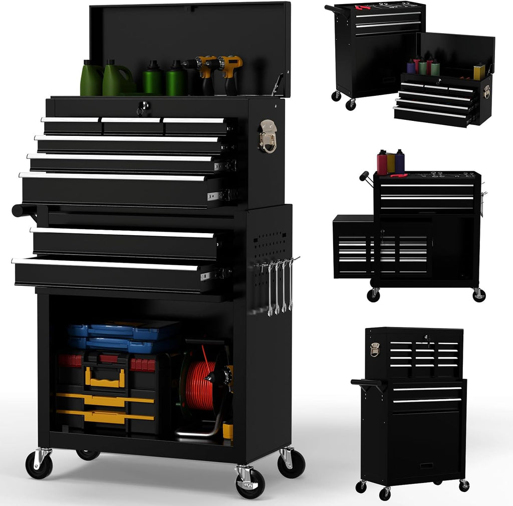 On Shine 8 Drawer Rolling Tool Chest, Large Capacity Rolling Tool Box with Wheels, Locking Mechanical Tool Chest, Portable Tool Box with Sliding Drawers for Garage Workshop and Tool Room (Black)