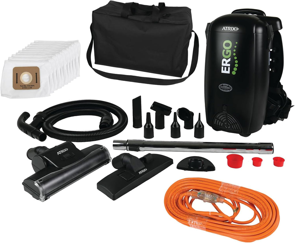Atrix Ergo Backpack Canister Vacuum, Portable Cleaner with Attachments for Professional and Residential Use, VACBP1-PK Pro Bundle