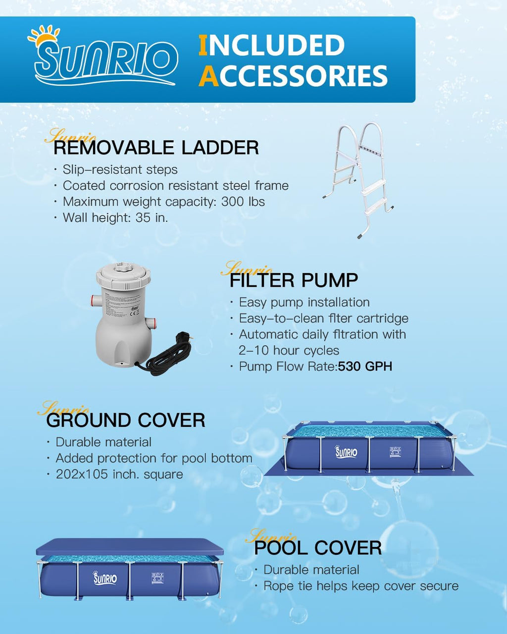15'*7'3'*33' Rectangular Above Ground Swimming Pool Metal Frame Family Pool for Kids and Adults with 530 GPH Filter Pump Pool Cover and Ground Cover Capacity 1680 Gallon