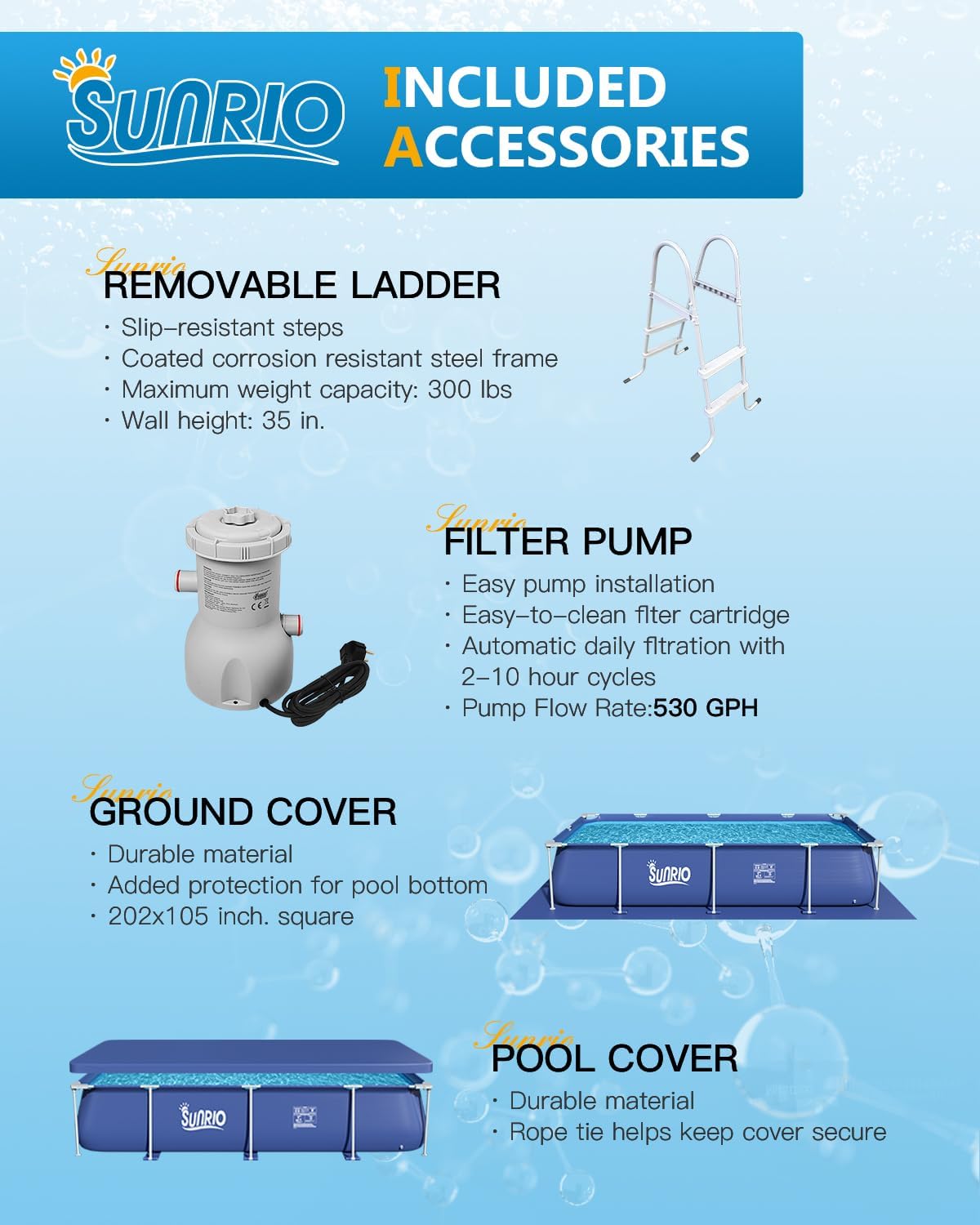 15'*7'3'*33' Rectangular Above Ground Swimming Pool Metal Frame Family Pool for Kids and Adults with 530 GPH Filter Pump Pool Cover and Ground Cover Capacity 1680 Gallon