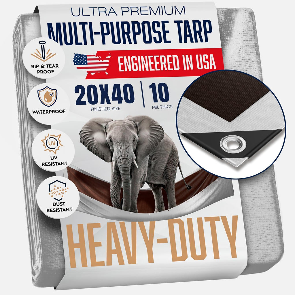20x40 Tarp Heavy Duty, Large Tarp Waterproof - 10 Mil Extra Thick, UV Resistant, Grommets Every 18' - Outdoor Waterproof Plastic Poly Tarpaulin, Camping, Pool, House Roof Rain Cover (Silver/Brown)