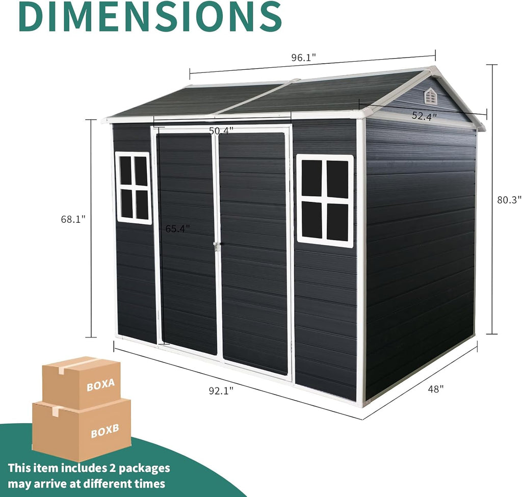 Outdoor Resin Garden Shed with Double Doors, Floor and 2 Windows, Plastic Patio Outdoor Storage Shed with Lockable Door for Garden Tools, Bicycles, Trash Cans