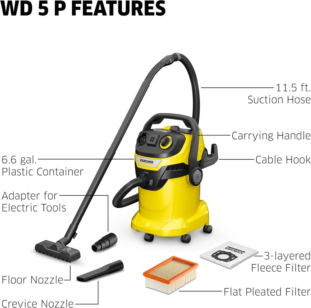 KÄRCHER Shop Vacuum WD 5 P, 6.6 Gal, 6.0 Peak HP, 33 ft Reach, Wet Dry Vacuum Cleaner, Heavy Duty, Blower Function, Crevice Tool, Floor Nozzle, Great for DIY Projects and Workshops