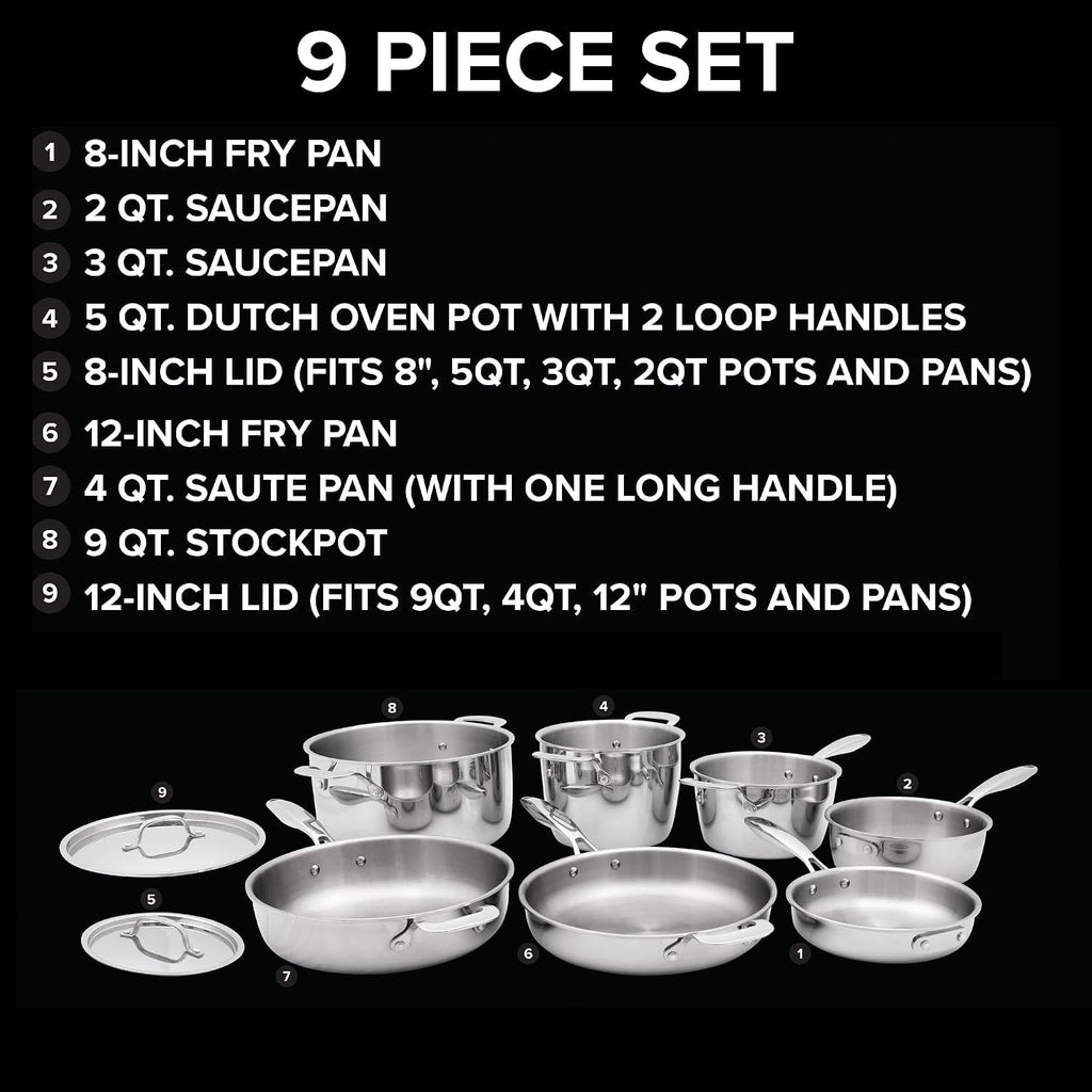 Nuwave Stainless Steel 9-Piece Pro-Smart Cookware Set, Space Saving Nestable Design, Heavy-Duty Tri-Ply, Dishwasher & Oven Safe, Ergonomic Stay-Cool Handles, Induction-Ready & Works on All Cooktops