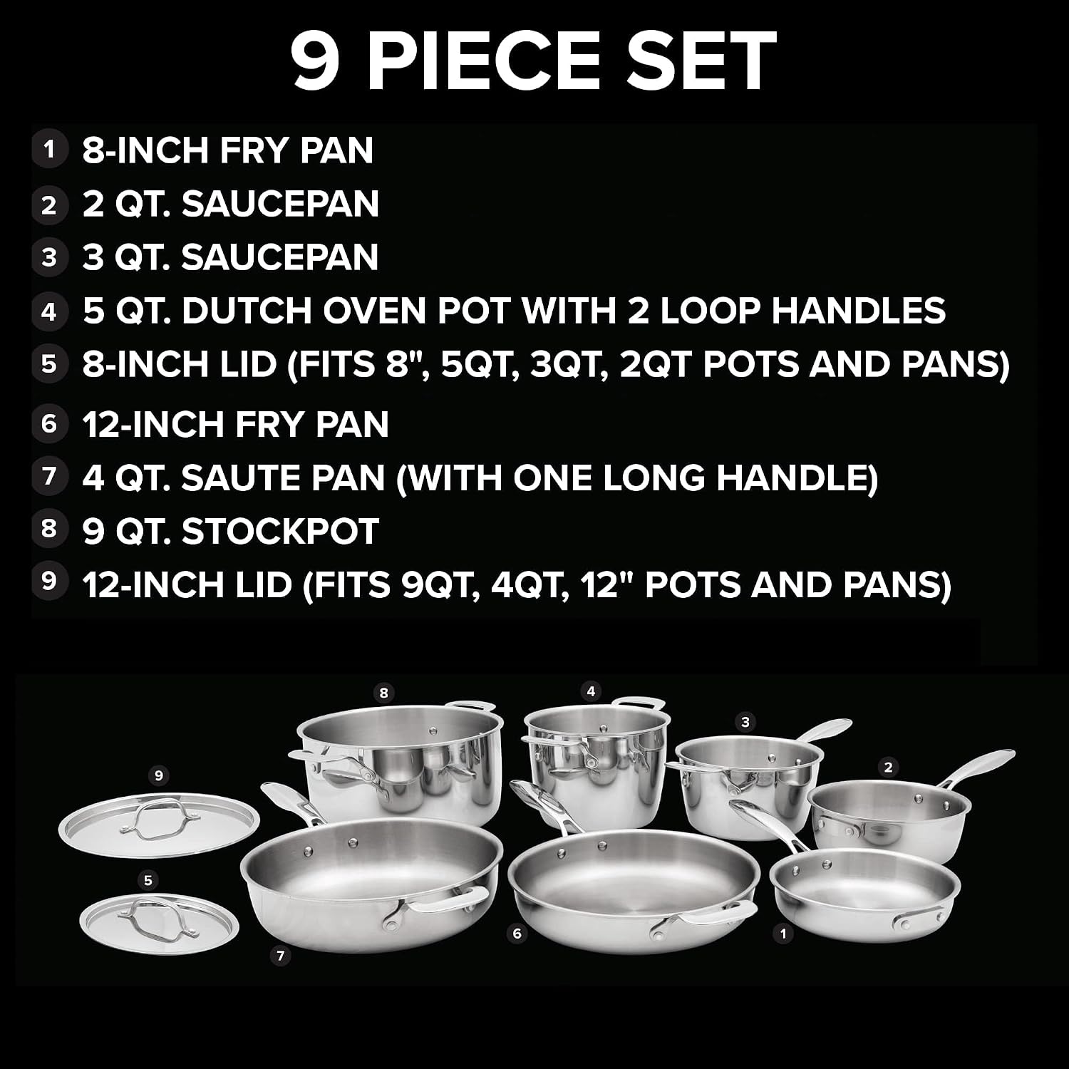 Nuwave Stainless Steel 9-Piece Pro-Smart Cookware Set, Space Saving Nestable Design, Heavy-Duty Tri-Ply, Dishwasher & Oven Safe, Ergonomic Stay-Cool Handles, Induction-Ready & Works on All Cooktops