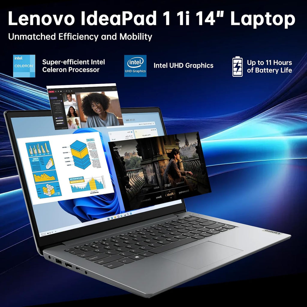 Lenovo IdeaPad 1 1i 14' Laptop with 1-Year Microsoft 365, Intel Processor, 12GB RAM, 128GB eMMC + 512GB SSD, SD Card Reader, Privacy Camera, Long Battery Life, with Accessories, Win 11 Pro