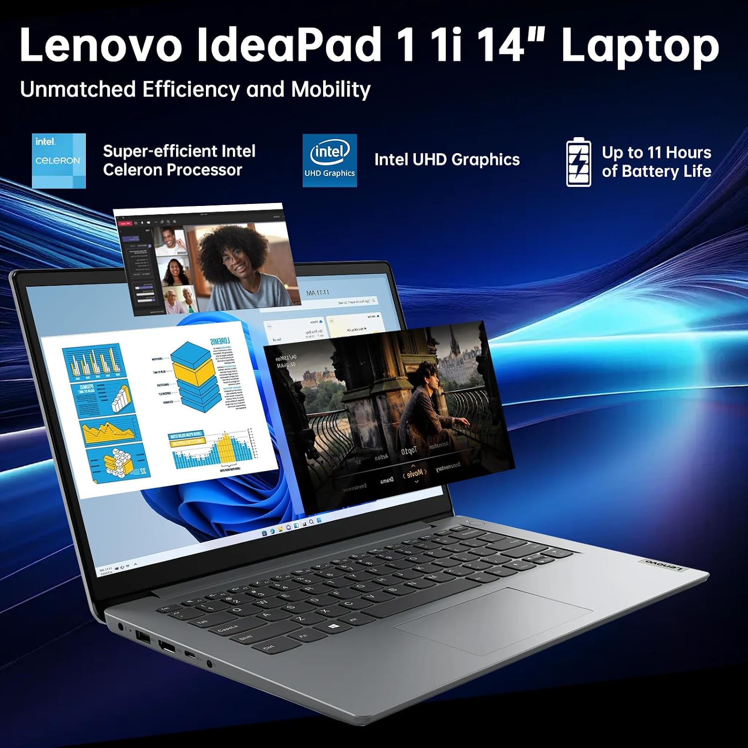 Lenovo IdeaPad 1 1i 14' Laptop with 1-Year Microsoft 365, Intel Processor, 4GB RAM, 128GB eMMC + 128GB SSD, SD Card Reader, Privacy Camera, Long Battery Life, with Accessories, Win 11 Pro