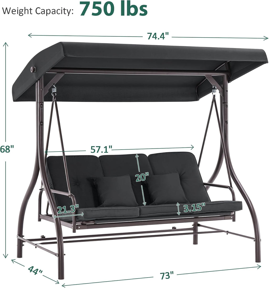 MCombo 3-Seat Outdoor Patio Swing Chair, 2-in-1 Convertible Porch Swing Glider Chair with Removable Cushions, Adjustable Canopy & Pillows for Backyard, Deck, Garden, 4068 (Black)