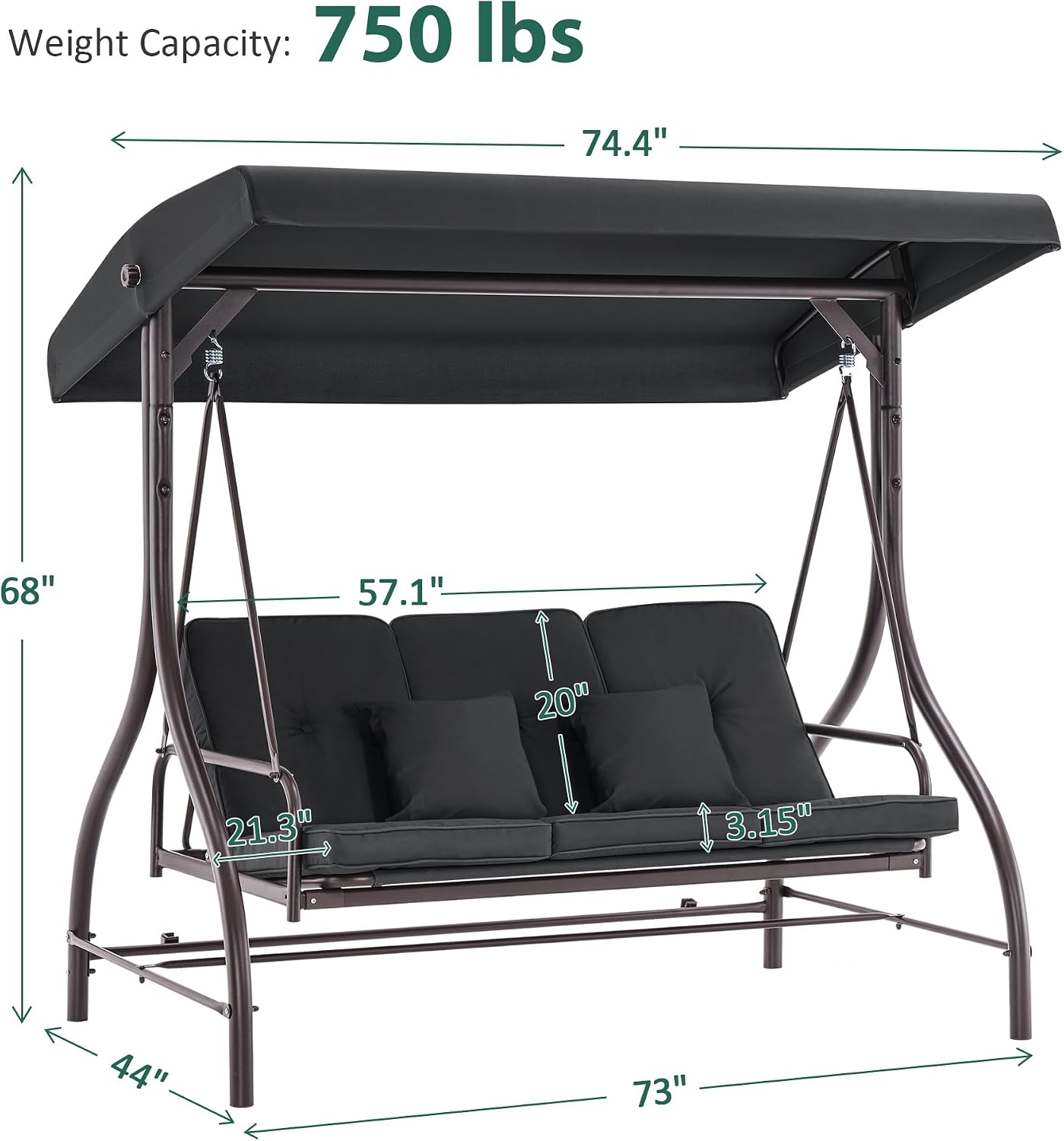 MCombo 3-Seat Outdoor Patio Swing Chair, 2-in-1 Convertible Porch Swing Glider Chair with Removable Cushions, Adjustable Canopy & Pillows for Backyard, Deck, Garden, 4068 (Black)