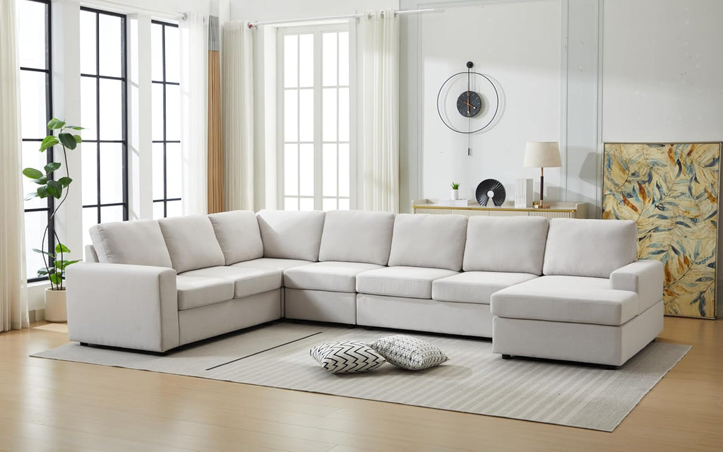 Ball & Cast 147' L-Shaped Sectional Couch for Living Room with Reversible Chaise & Removable Back Cushions,7 Seat Linen Upholstered Convertible Sectional Sofa Set,DIY Combination,for Home,Office,Beige