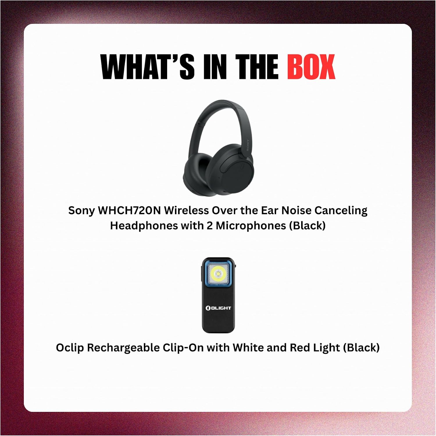 Sony WHCH720N Wireless Headphones (Black) Bundle with Oclip Clip-On Light (2 Items)