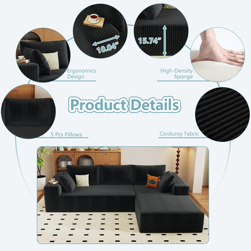 96' Cloud Sectional Couch with L-Shape Chaise, Modern Corduroy Boneless Couch for Living Room,Memory Foam Sofa with Deep Seat,No Assembly Required (Black,Right-Facing Chaise)