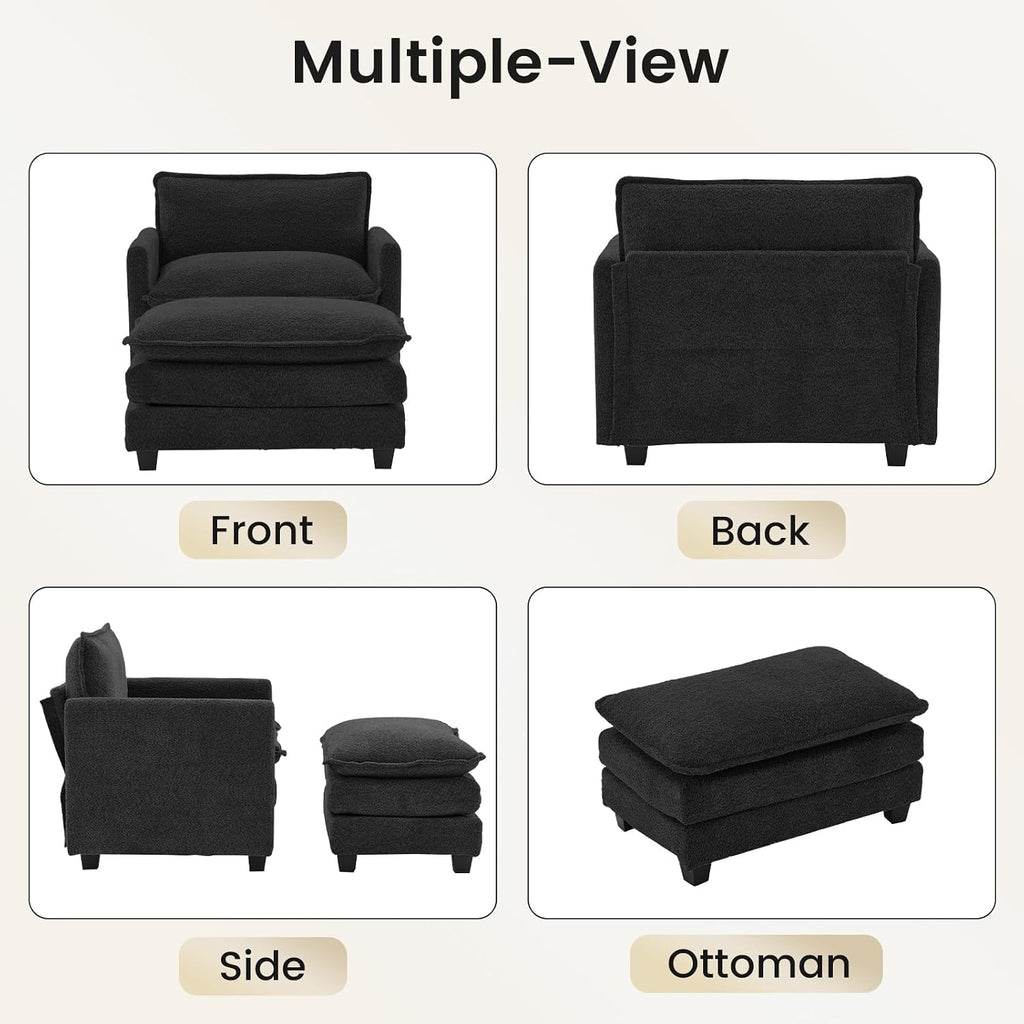 ROWHY Convertible Sectional Couch with Ottoman, Single Armchair with armrests, Modern Living Room Furniture Set, Small Couches for Small Spaces, for Living Room, Chenille, Black