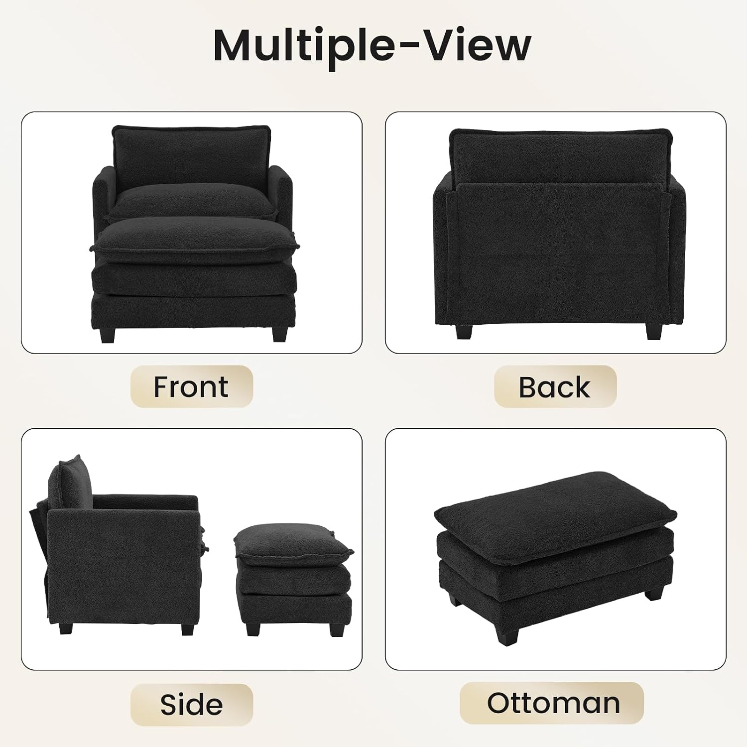 ROWHY Convertible Sectional Couch with Ottoman, Single Armchair with armrests, Modern Living Room Furniture Set, Small Couches for Small Spaces, for Living Room, Chenille, Black