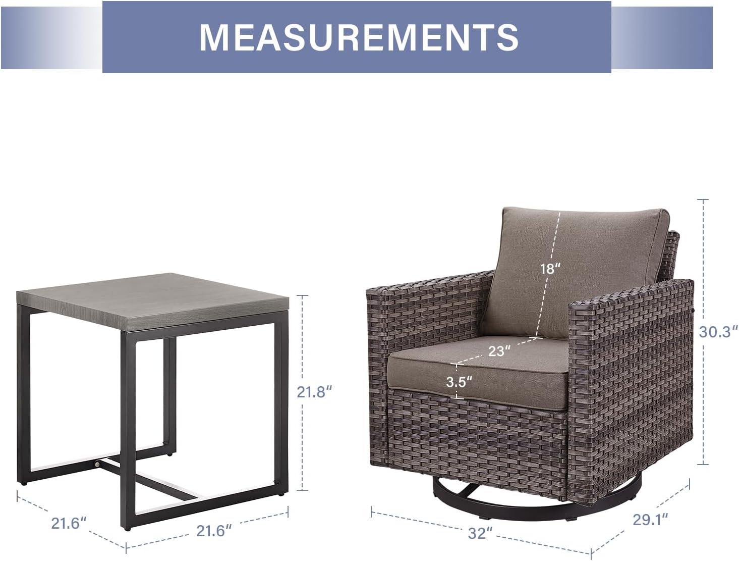 Luxury Outdoor Patio Swivel Rocker Chairs - 3 Piece Wicker Patio Furniture Bistro Swivel Rocking Chairs Set with Comfortable Cushions,Sturdy Metal Frame and Side Table for Porch Deck(Mixed Grey/Grey)